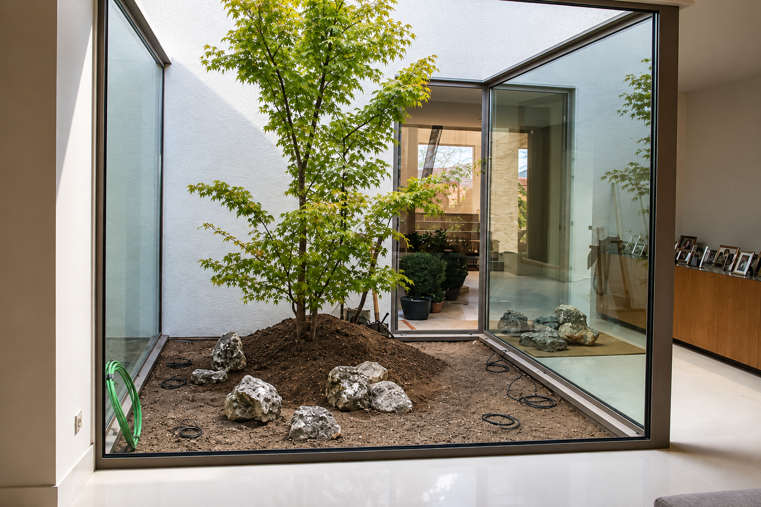 Construcción de jardín zen interior con arce japonés y rocas naturales