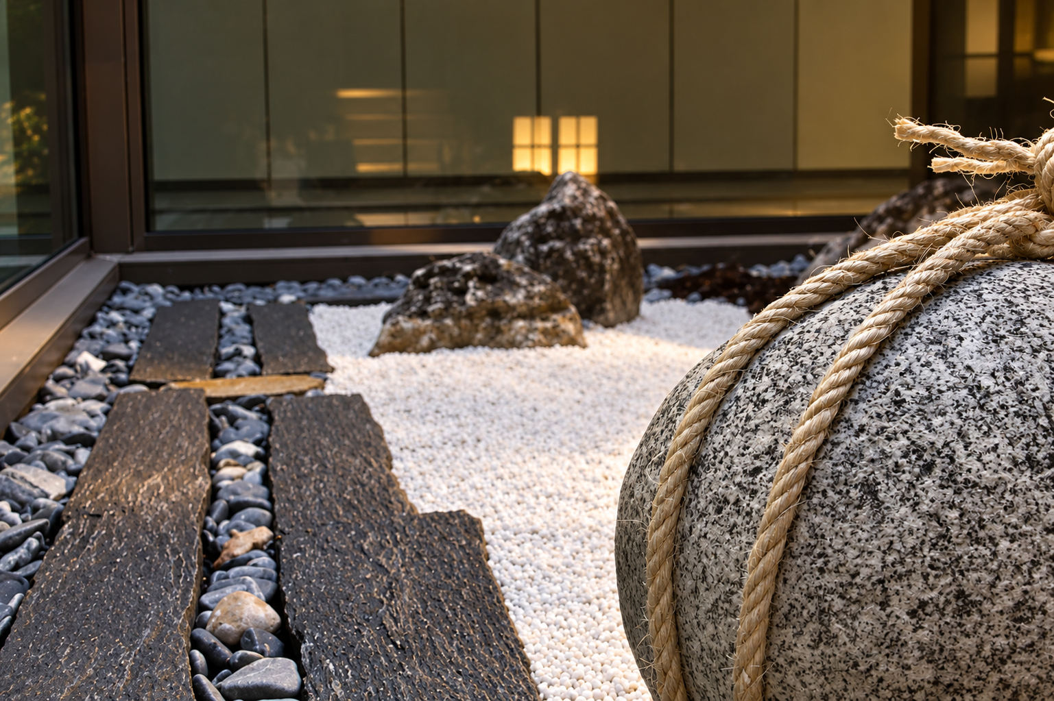Detalle de grava blanca, piedra natural y camino de piedra en jardín zen