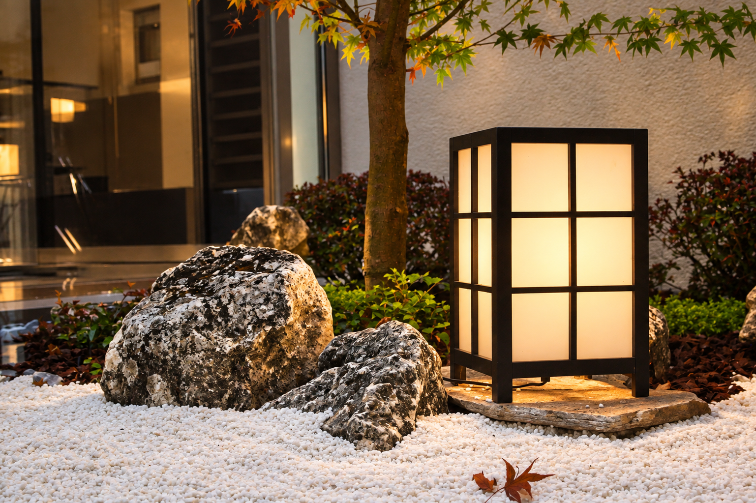 Lámpara japonesa, rocas y arce japonés en jardín zen interior
