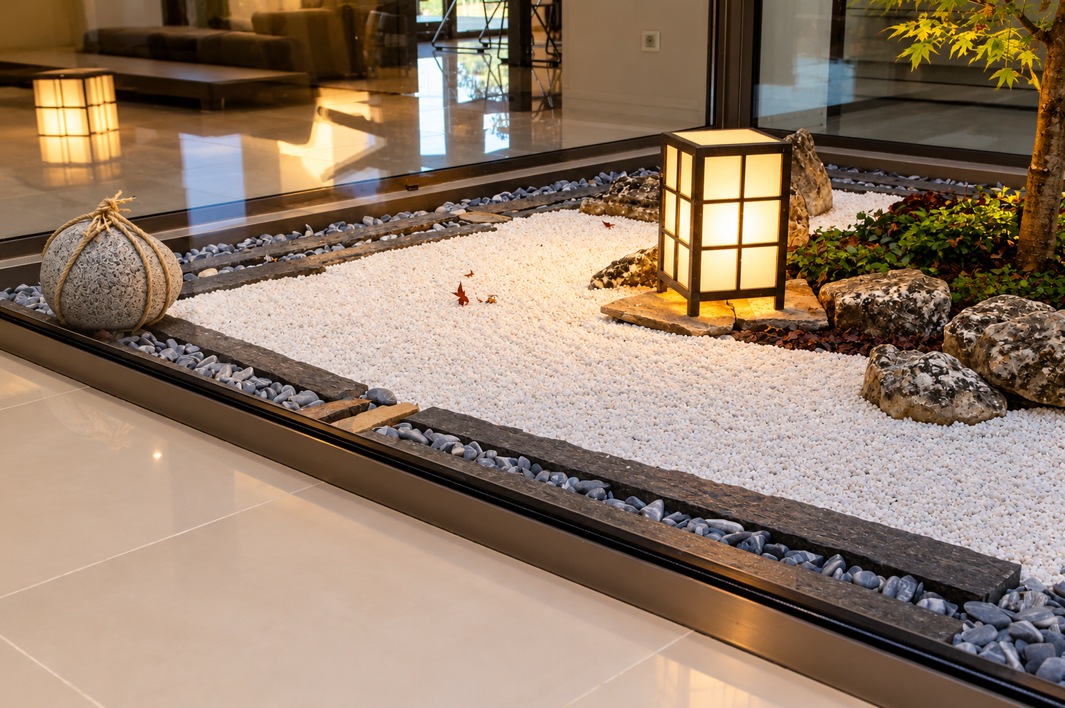 Jardín zen interior con grava blanca, piedra natural y lámpara japonesa