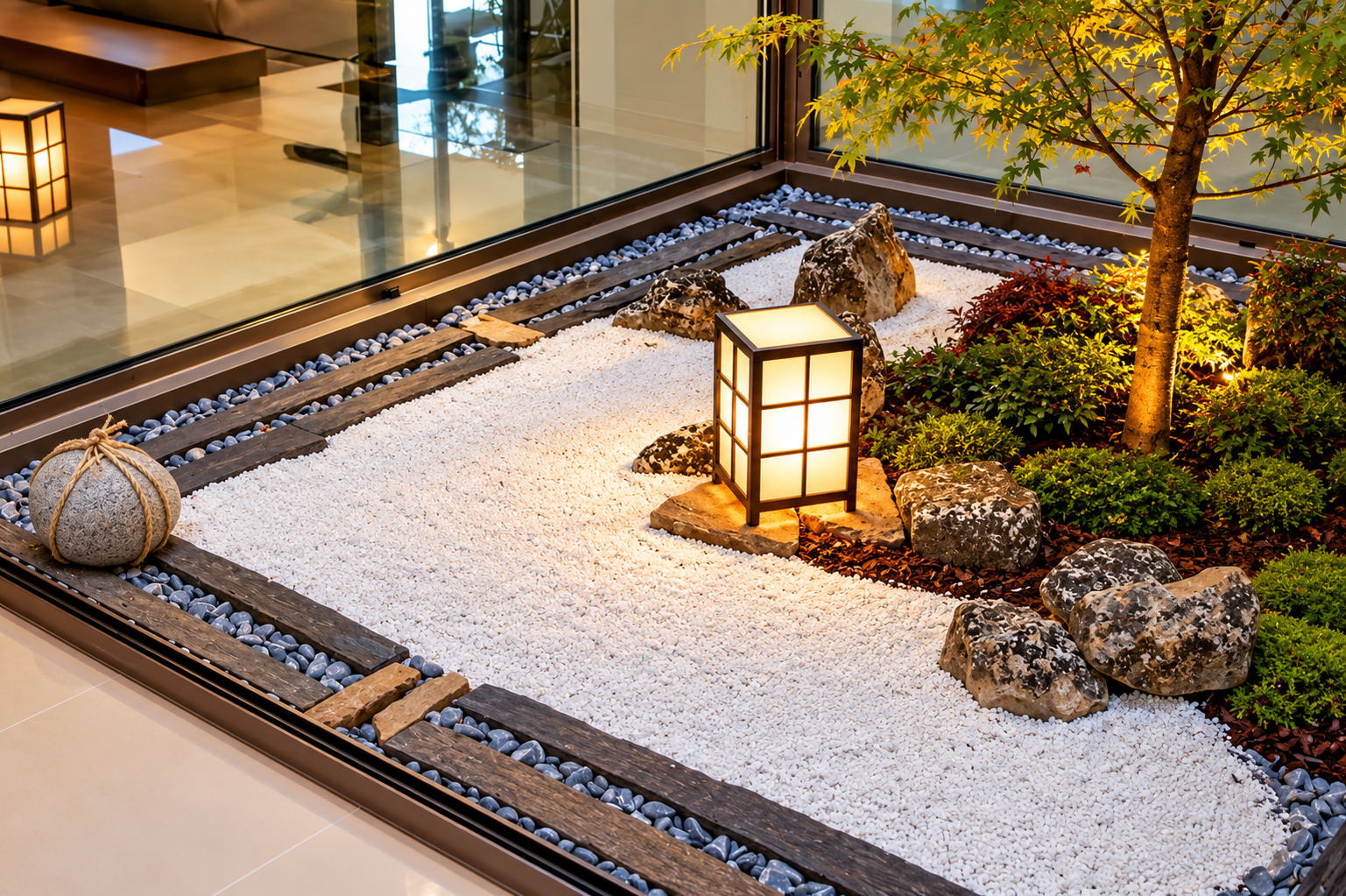 Vista general del jardín zen moderno con grava blanca, rocas y arce japonés