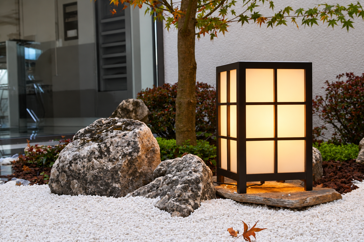 Lámpara japonesa junto a rocas y arce japonés en jardín zen