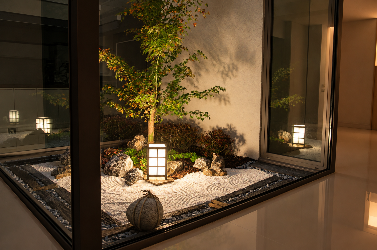 Iluminación japonesa nocturna en jardín zen interior