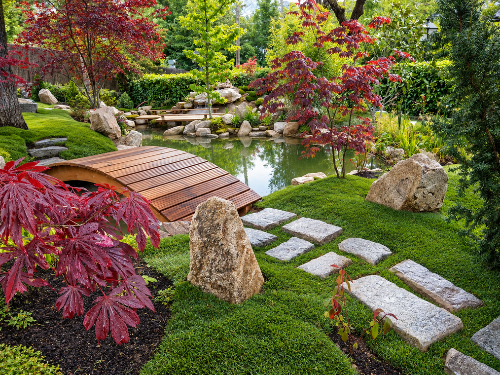 Jardin japones con gran estanque en Madrid