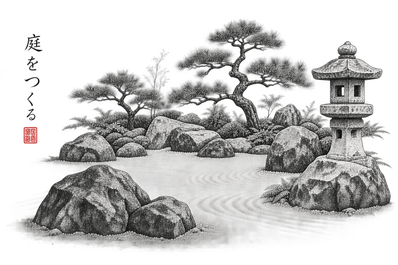 dibujo de jardin japones con kanji y linterna