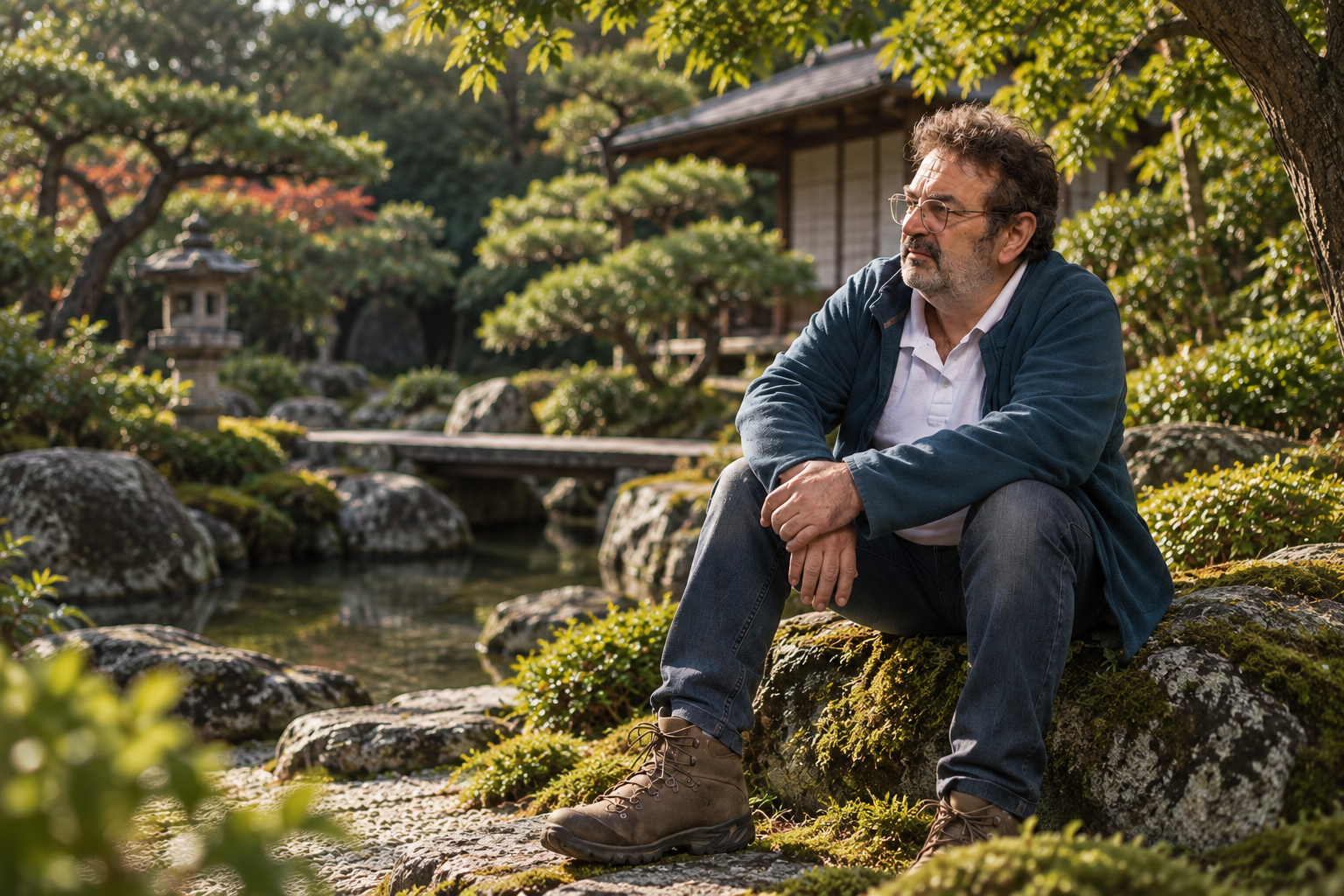 foto enrique sentado en roca jardin japones con estanque