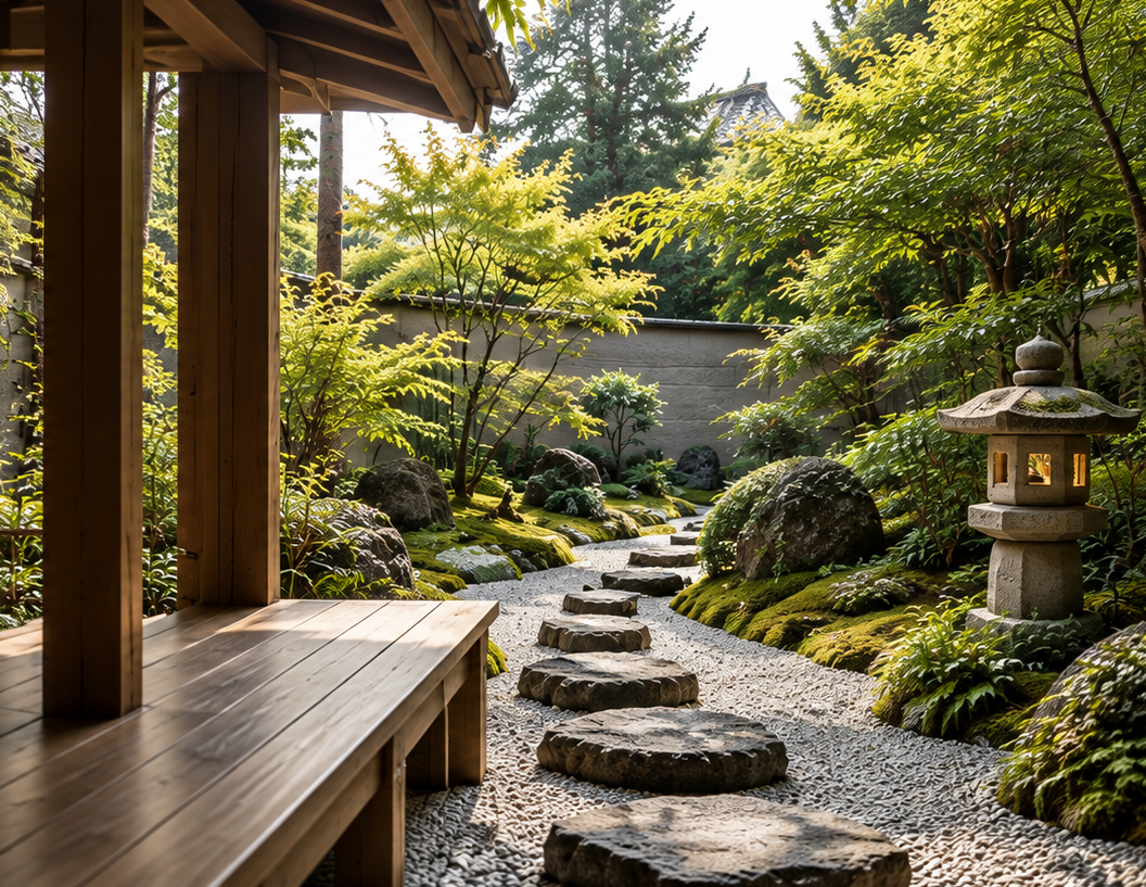 imagen jardin con engawa y linterna japonesa
