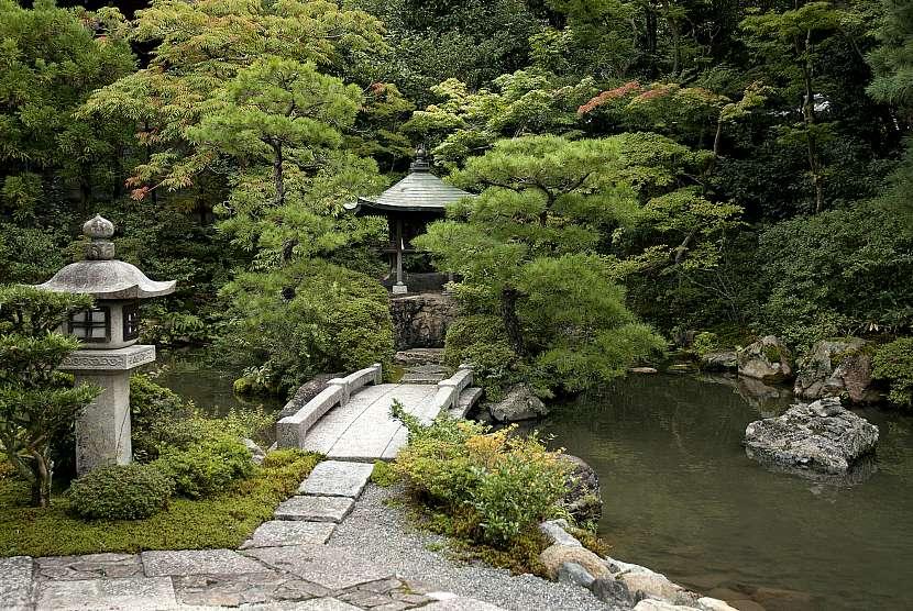 jardin japones con puente y machiai