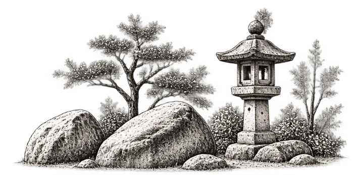 Ilustración de una linterna japonesa entre rocas y vegetación
