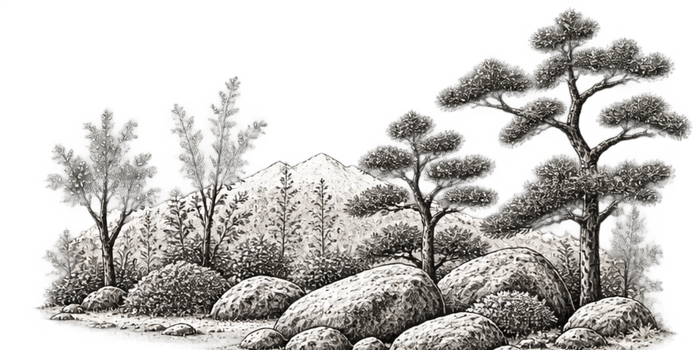 Ilustración de un jardín japonés y su entorno para analizar el lugar