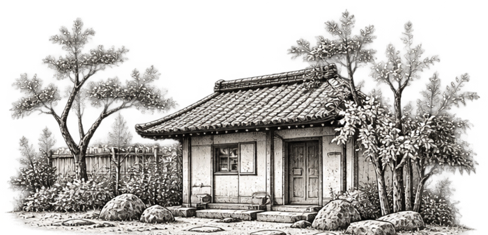 Ilustración de una casa tradicional japonesa integrada en el jardín