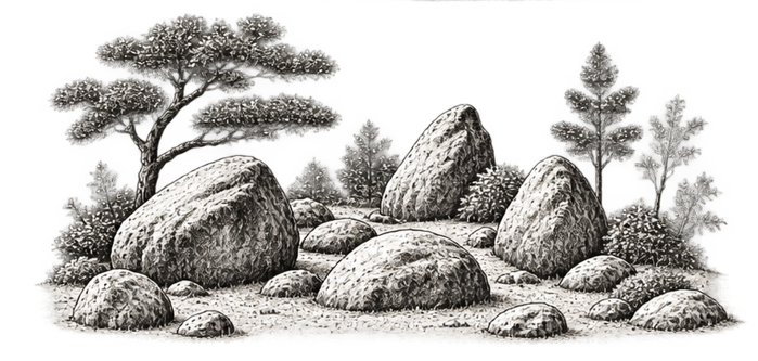 Ilustración de composición de rocas y vegetación en un jardín japonés