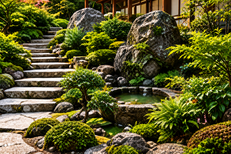 Jardin japones sereno con estanque de piedra 2