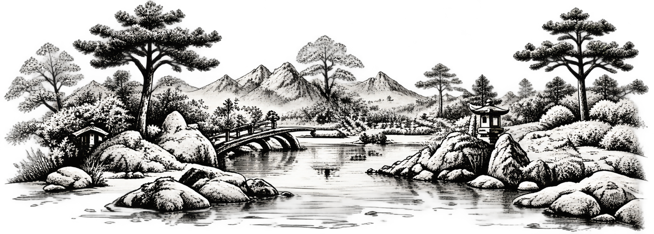 Paisaje de tinta con puente y montanas