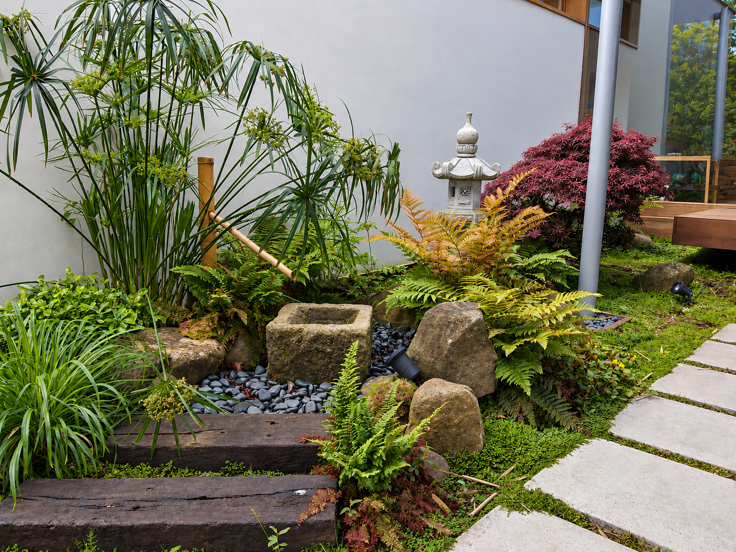 Rincon zen japones junto a casa moderna