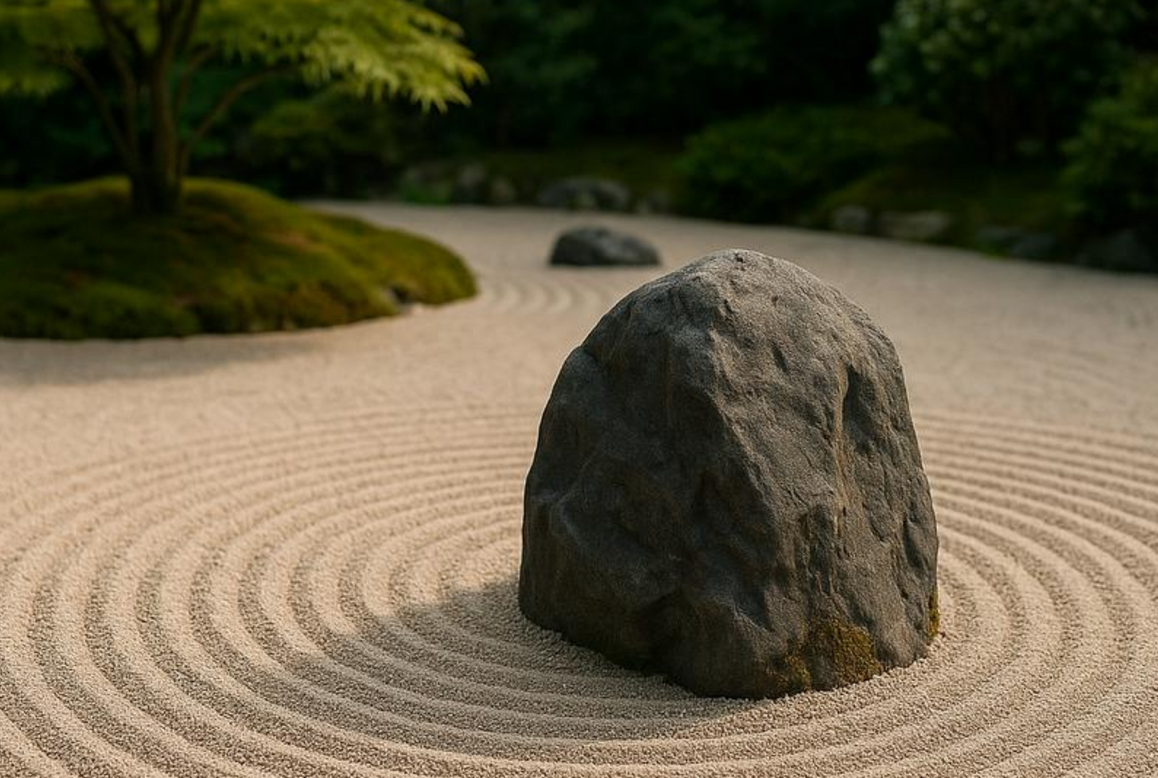 Roca sobre grava rastrillada en un jardín japonés