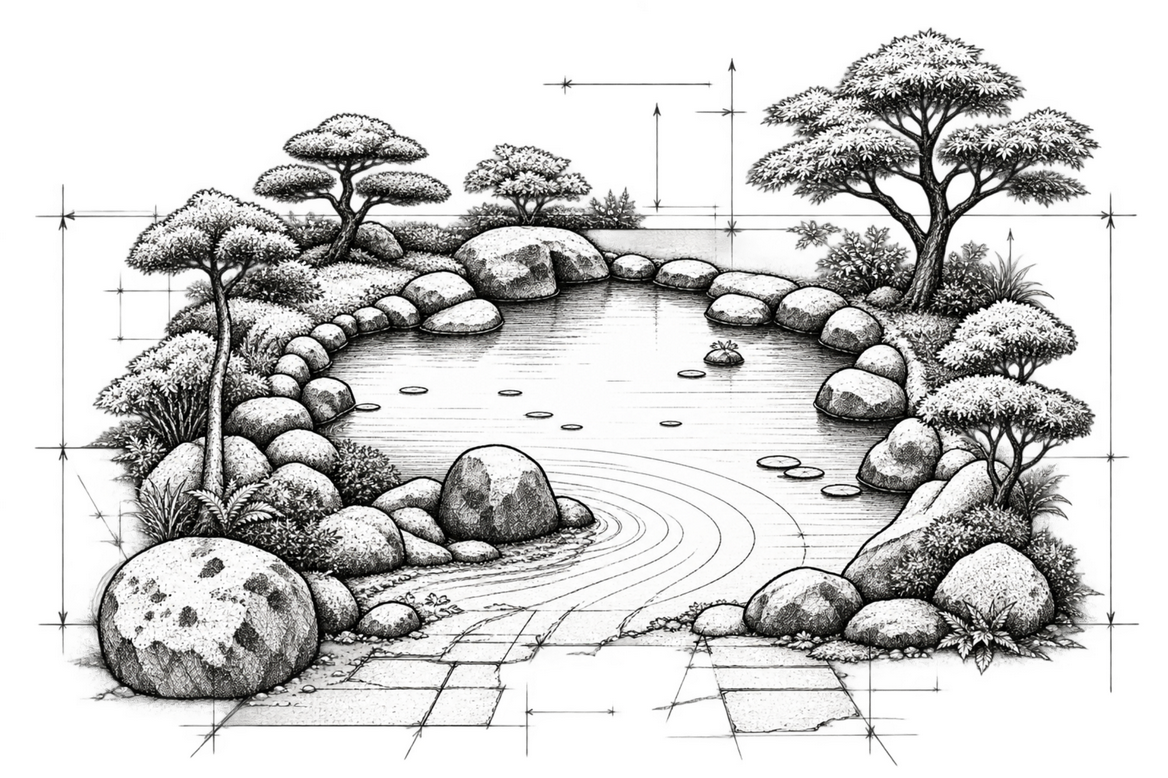 Dibujo de diseño de un jardín japonés con estanque, rocas y vegetación