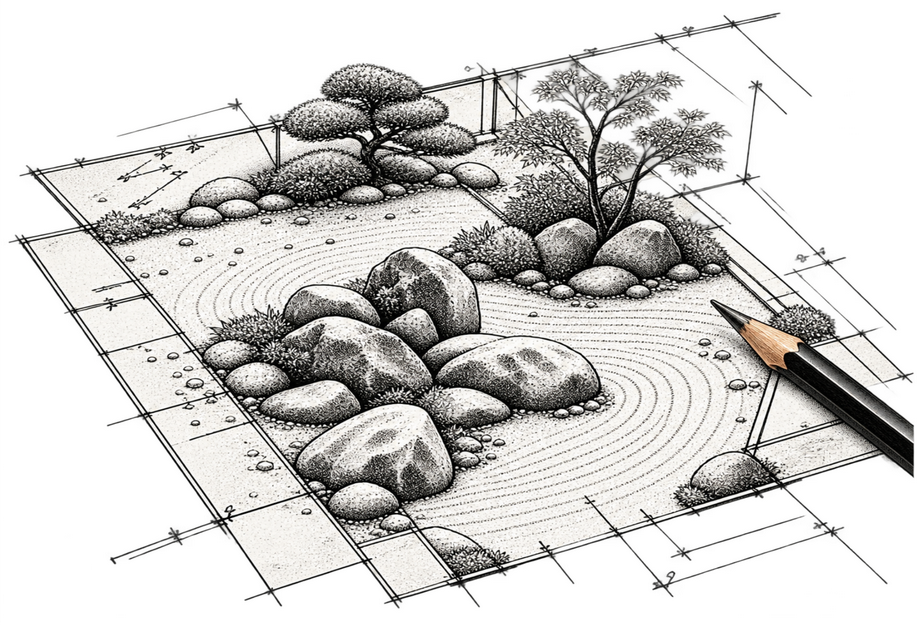 Dibujo técnico para diseñar la composición de un jardín japonés